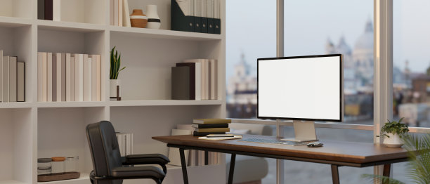 现代办公室的室内设计与电脑白屏模型图片下载