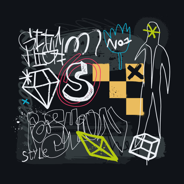 抽象的涂鸦纹理。城市涂鸦背景与标签，符号和油漆飞溅。手绘图形打印街头艺术风格。适用于海报，t恤，室内装饰。矢量插图。图片下载