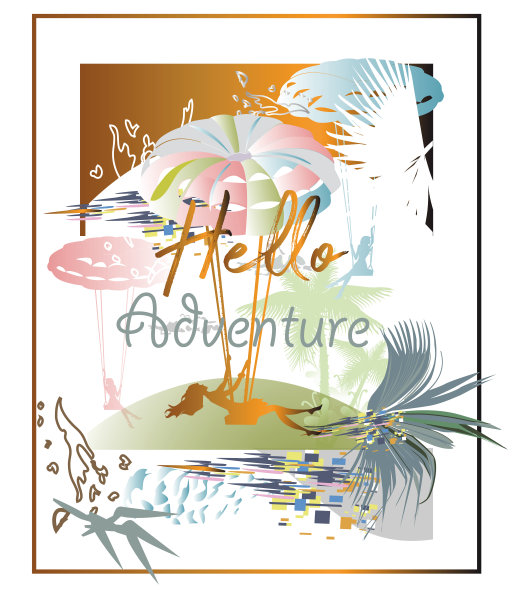 标语设计用热带树叶和花朵装饰成五颜六色的马赛克，夏日活动。飞行伞的女孩。图片下载