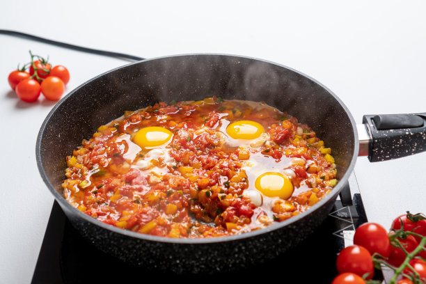 厨师在平底锅里放了三个鸡蛋，还有切碎的甜椒、西红柿和洋葱，然后在炉子上煎。Shakshuka和Menemen的食谱和烹饪过程。一步一步来。13张照片。图片下载