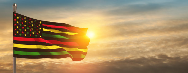 旗杆上可选的带有日出或日落的六月旗。自1865年以来。横幅。图片下载