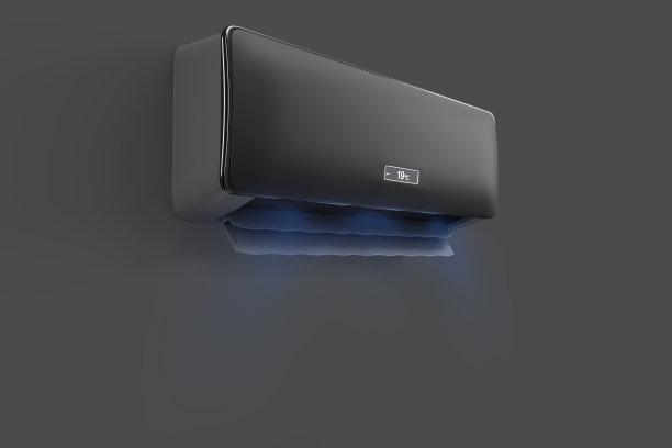 黑色护发素与流动的冷风波3d渲染。分体式系统，冷却器，为家庭和办公室吹新鲜干净的蓝色空气。电子设备侧面视图的现实模型图片下载