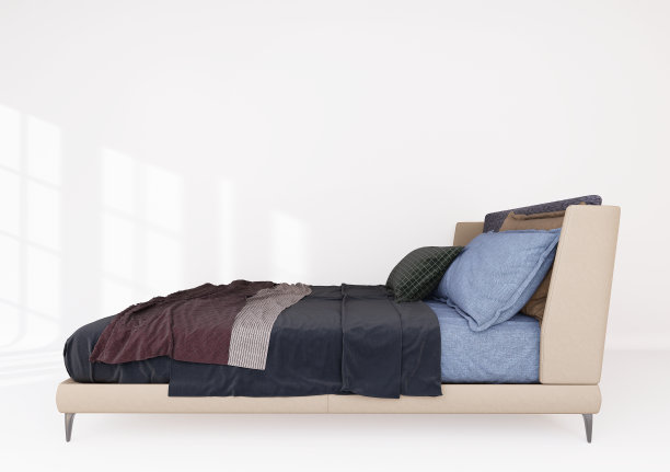 3d家具现代床特大号与织物蓝色和棕色床头板，孤立在一个白色的背景与剪贴路径，卧室装饰设计图片下载