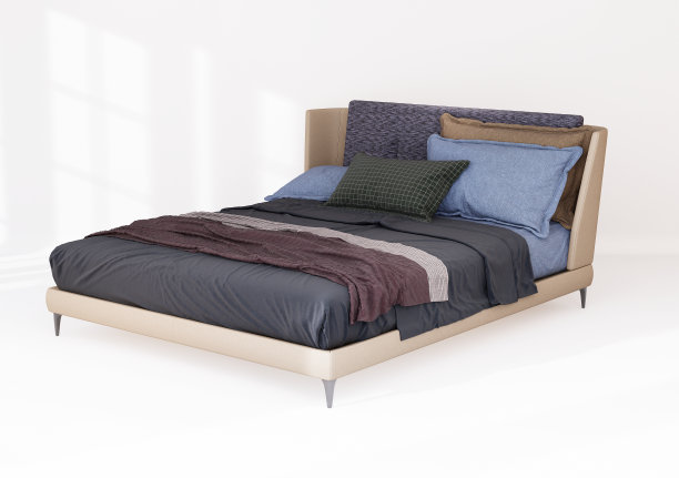 3d家具现代床特大号与织物蓝色和棕色床头板，孤立在一个白色的背景与剪贴路径，卧室装饰设计图片下载