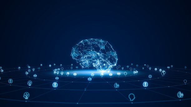 蓝色多边形数字大脑标志与网格和旋转圆线连接的人工智能技术图标在未来的抽象背景人工智能概念图片下载