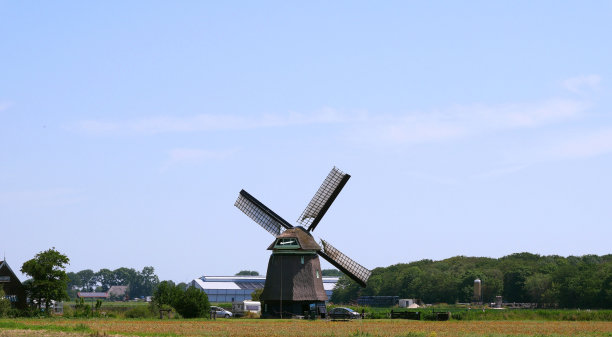 一个传统的荷兰风车矗立在田野上图片下载