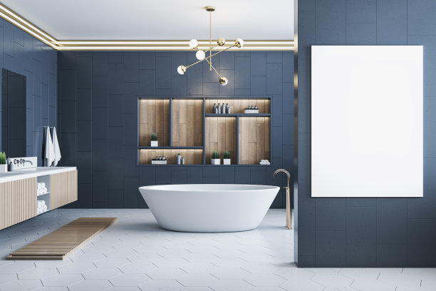 现代蓝色瓷砖豪华浴室内部与模拟的地方在墙上，浴缸，货架和装饰项目。3 d渲染。图片下载
