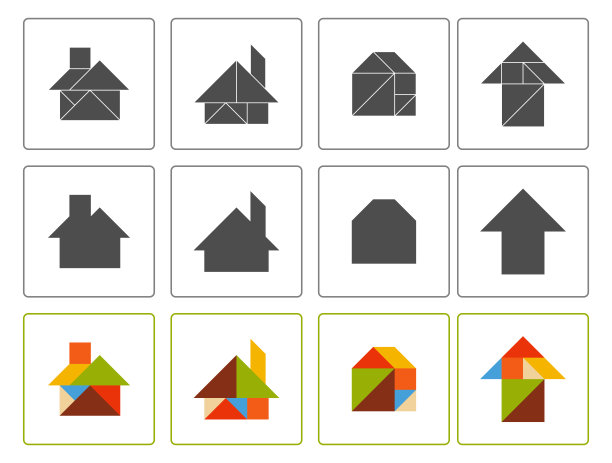 儿童七巧板拼图。一套七巧板房子。图片下载
