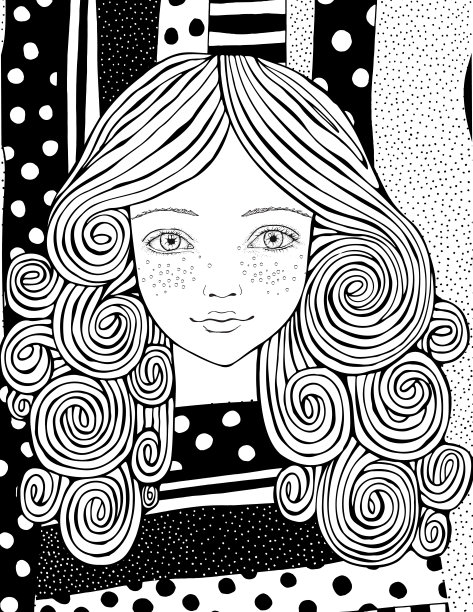 年轻漂亮的女孩。黑白涂鸦焦虑缓解着色书页为成人和儿童。8.5 x 11英寸的书图片下载