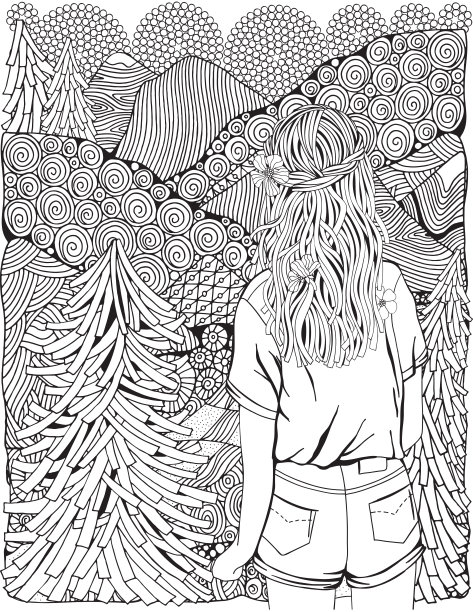 森林里的长发女孩。杉树，河流和山景。成人焦虑缓解涂色书。向量。8.5 x 11英寸的书图片下载