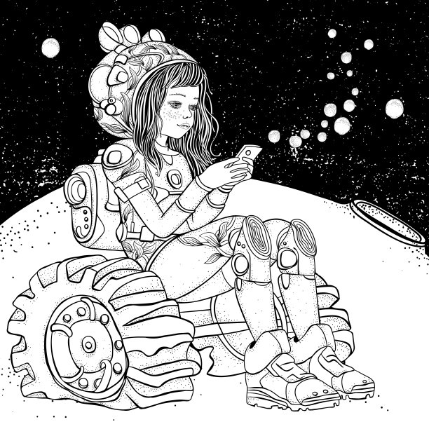黑白着色书页为成人。月球上的女宇航员。女孩正坐着看手机。图片下载
