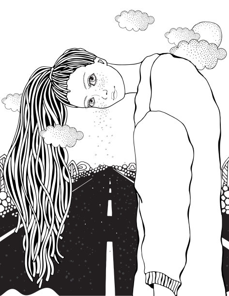 女孩和长车高速公路。涂鸦的风景。抗压力焦虑缓解成人着色书。黑白矢量。8.5 x 11英寸的书图片下载