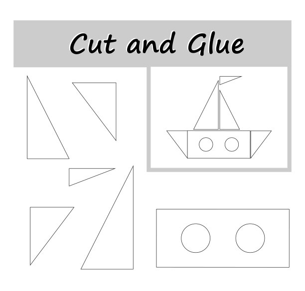 DIY工作表。上色，剪下图像的部分，然后粘在纸上。卡通帆船。图片下载