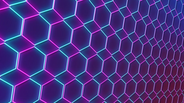 豪华抽象几何未来六边形背景循环。新潮的科幻霓虹色彩的网络空间，电影，屏幕保护程序，壁纸。无缝清洁和光泽技术bg;图片下载