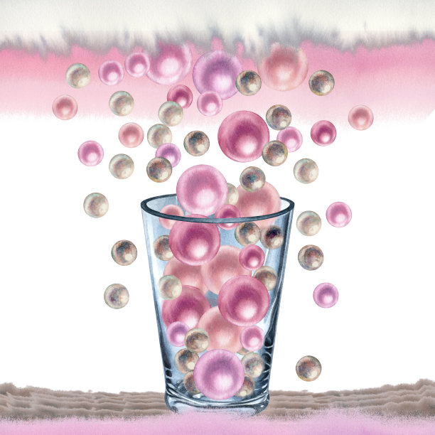 水彩手绘插图的一个玻璃花瓶和粉红色的珍珠。元素被隔离在白色背景上图片下载