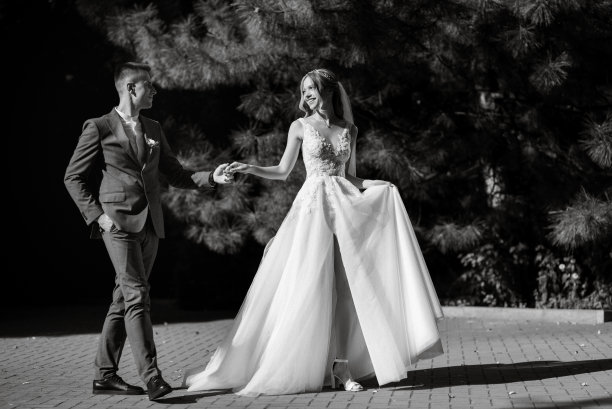 新婚夫妇走在城市的老建筑旁图片下载