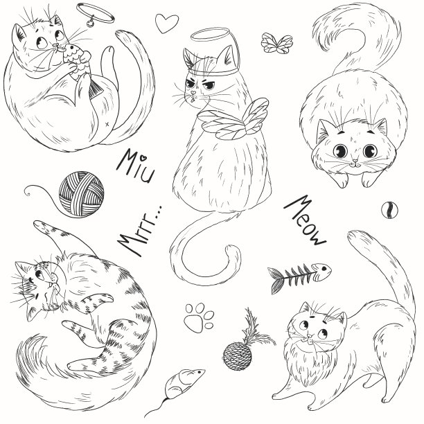 一套有猫和猫的玩具的插图。图片下载