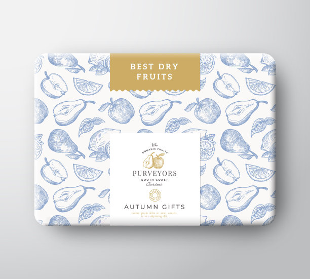干果纸板箱。摘要矢量包装纸容器与标签覆盖。包装设计。现代排版和手绘水果背景图案布局。图片下载