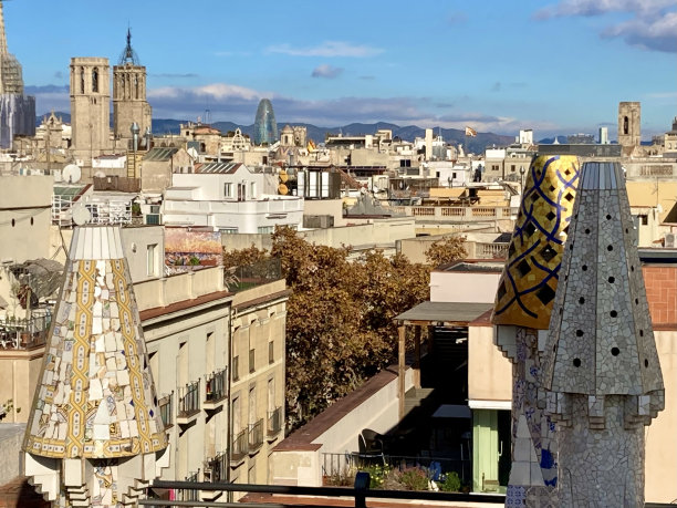 西班牙-巴塞罗那-盖尔之家屋顶上的烟囱图片下载