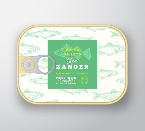 罐头鱼标签模板。带有标签盖的矢量刺猬铝容器。包装设计。现代排版和手绘赞德剪影背景布局。图片下载