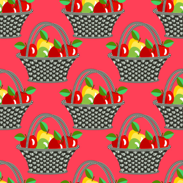 矢量-篮子与苹果无缝图案。图片下载