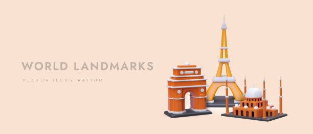 网页海报与3d逼真不同的著名旅游景点和地方的文字图片下载