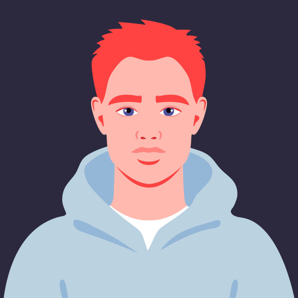 穿蓝色连帽衫的红发年轻人。一个抽象的人的肖像。全脸抽象的男性形象在平面风格图片下载