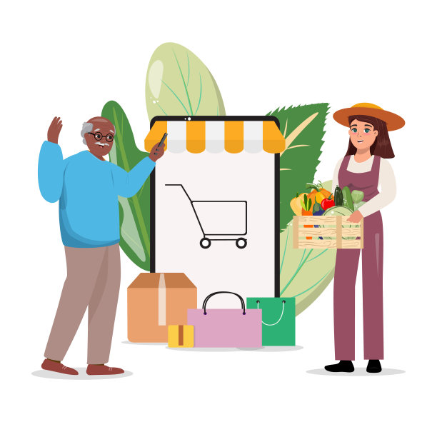 一个黑人男子从网上订购新鲜有机食品的平面卡通插图。图片下载