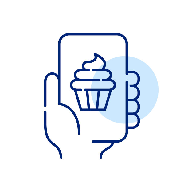 糕点外卖应用。智能手机屏幕上的纸杯蛋糕加糖霜。手里拿着电话。像素完美，可编辑的图标图片下载