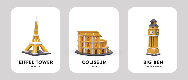 旗帜与欧洲的一套3D建筑纪念碑。埃菲尔铁塔、罗马斗兽场、大本钟图片下载