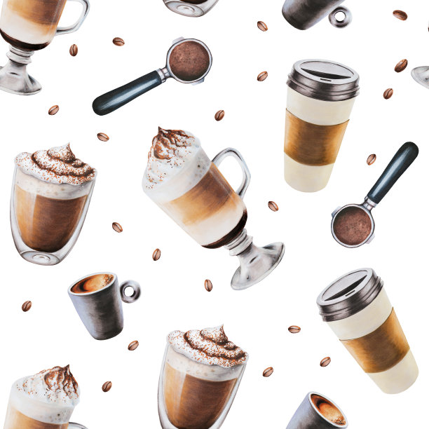 水彩无缝图案与咖啡制作工具。拿铁咖啡，浓缩咖啡，美式咖啡。在孤立的背景上手绘。适用于设计师，菜单，商店，酒吧，小酒馆，餐厅，用于明信片，包装纸，封面。海报及纺织品图片下载
