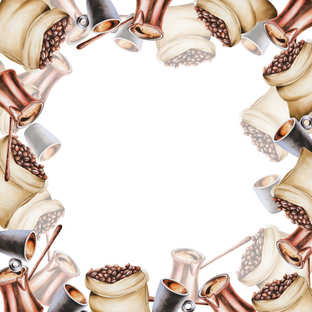 水彩框架与咖啡制作工具。拿铁、浓缩咖啡、美式咖啡、卡布奇诺、拉夫、摩卡。手绘标志在孤立的背景。适用于设计师，菜单，商店，酒吧，小酒馆，餐厅，用于明信片，包装纸，封面。海报及纺织品图片下载