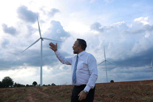 快乐的工程师在做好工作后感到成功。他站在那里，看着美丽的风景。高质量的照片与涡轮背景。图片下载