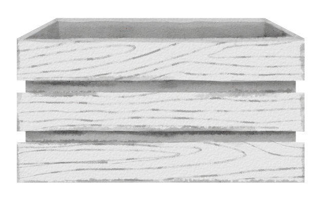 白色的储存木盒的鲜花或水果。手绘水彩插图孤立的透明背景。旧的灰色空容器图，上面有食品运输用的木板图片下载