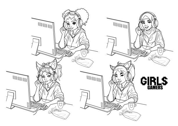 戴着耳机的女玩家或主播坐在电脑前图片下载