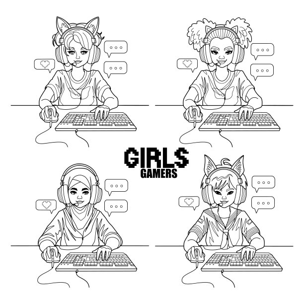 戴着耳机的女玩家或主播坐在电脑前图片下载