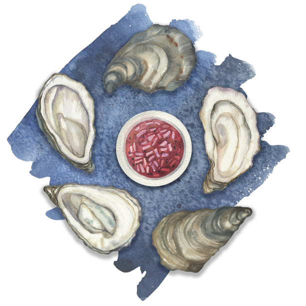 牡蛎与酱蓝色背景插图。餐厅菜单的手绘设计。邀请卡图片下载