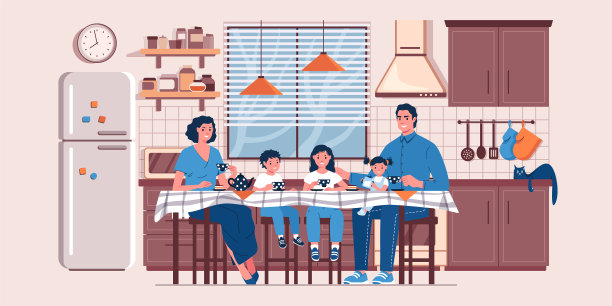 快乐的大家庭在餐桌上喝茶图片下载