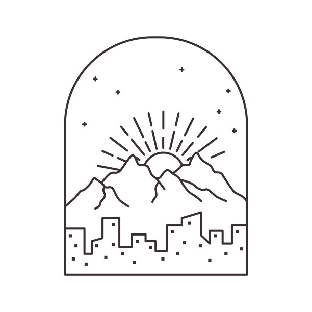 线条艺术城山日落标志图片下载