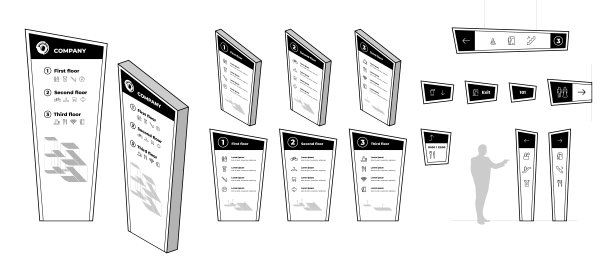 寻路系统标志模型集。室内外寻路设计。购物中心导航模型。公共场所和商业建筑信息板。矢量方向标志图片下载