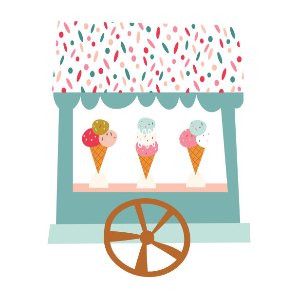 冰淇淋店。可爱的矢量商店在轮子上，里面有冰淇淋。图片下载