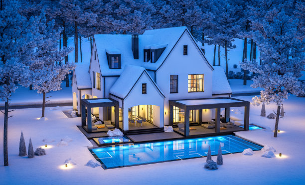 冬夜的黑白现代都铎式房屋3d渲染图图片下载