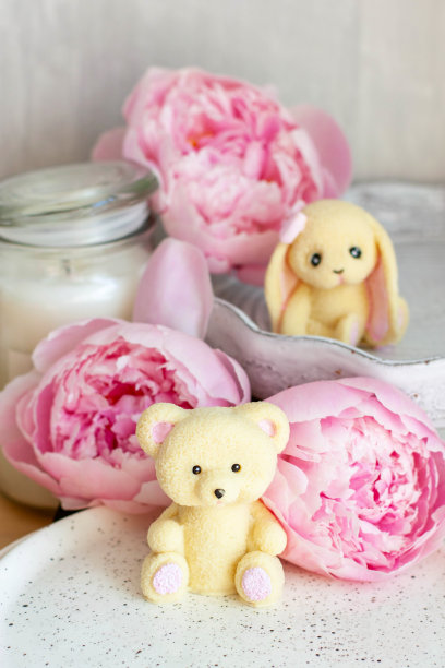 可爱的可食用的泰迪熊玩具由白巧克力和新鲜的牡丹和蜡烛的背景。给宝宝的礼物图片下载