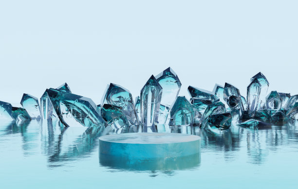 3d渲染平台背景和空圆舞台，冰讲台上的海洋背景水晶玻璃在冬季用于产品展示设计，广告，护肤等图片下载