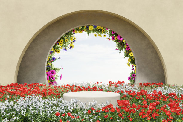 摘要3d渲染春景和天然平台背景，石质平台上的花花绿绿田野，背景花拱门，用于产品展示、广告、化妆品。创造和设计图片下载