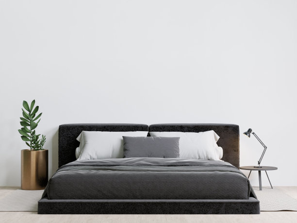 现代卧室与豪华的床，装饰植物，和台灯。3 d渲染。图片下载