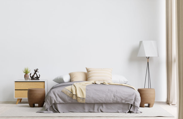 现代卧室，柔软的床靠在白色的墙上。3 d渲染。图片下载
