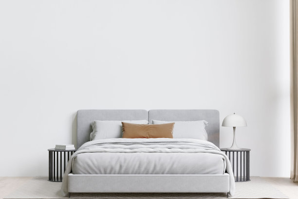 现代卧室配有柔软的床和台灯。3 d渲染。图片下载