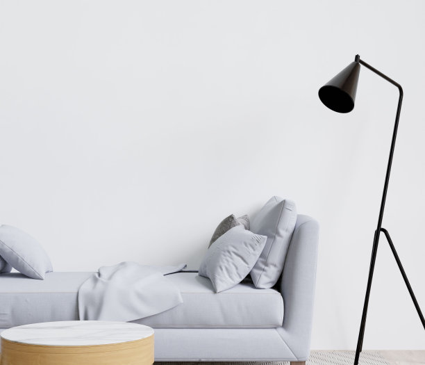 有灰色沙发、台灯和茶几的现代客厅。3 d渲染。图片下载