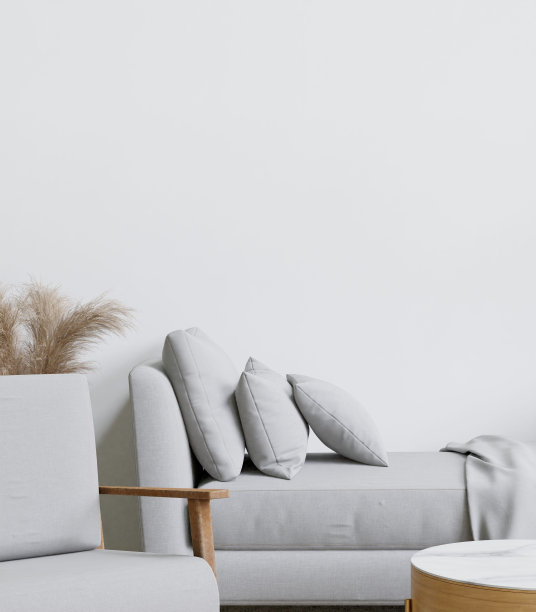 现代客厅里的灰色沙发和柔软的枕头。3 d渲染。图片下载